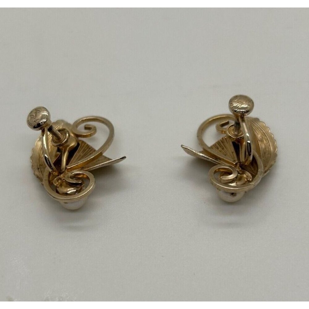 Vintage Loran Sim Faux Pearl Leaf Design Screw Back Earrings 1/20 12k Gold Fille - Picture 8 of 8
